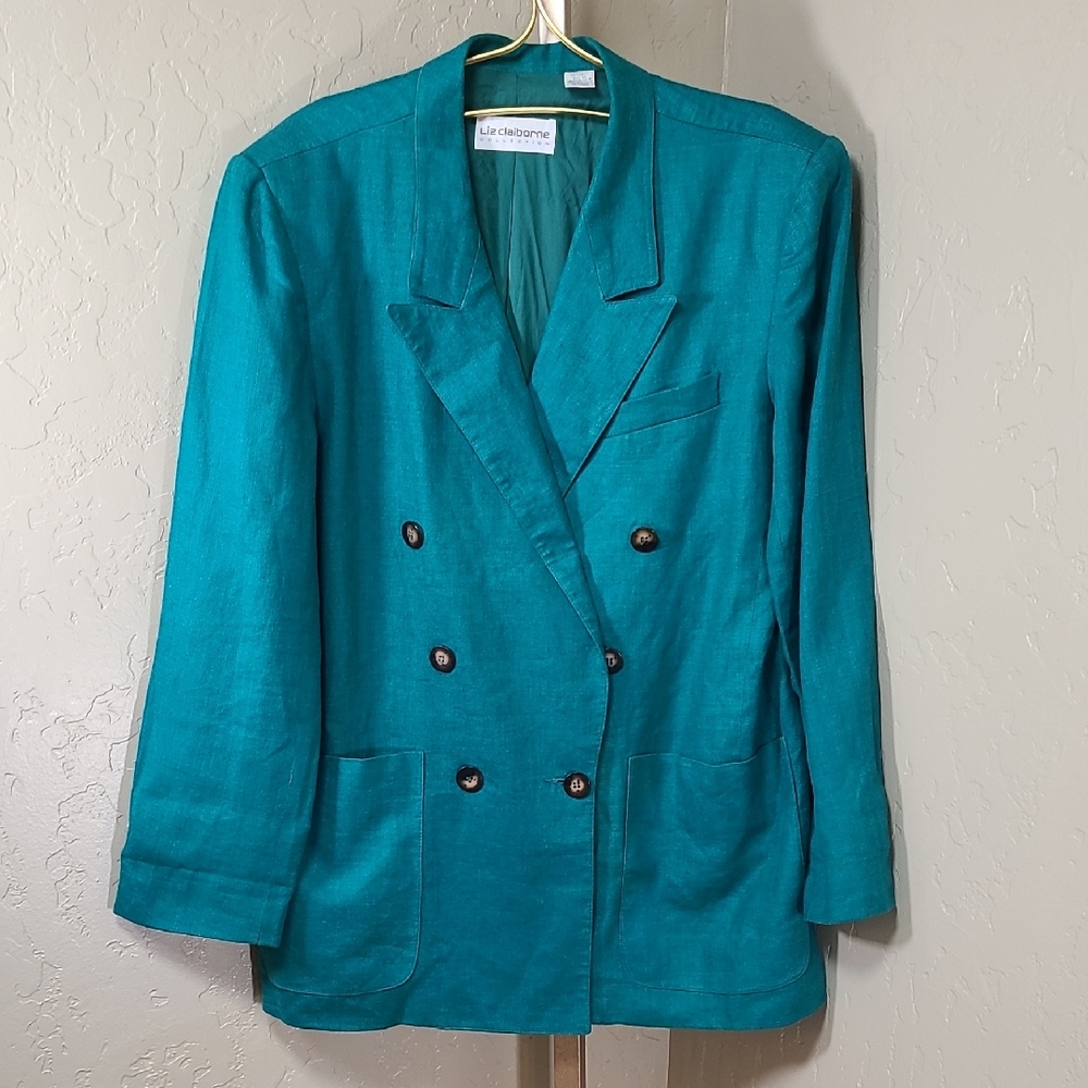 Liz Claiborne Vintage 100% Linen Teal Double-Breasted Blazer Jacket Size‎ 12